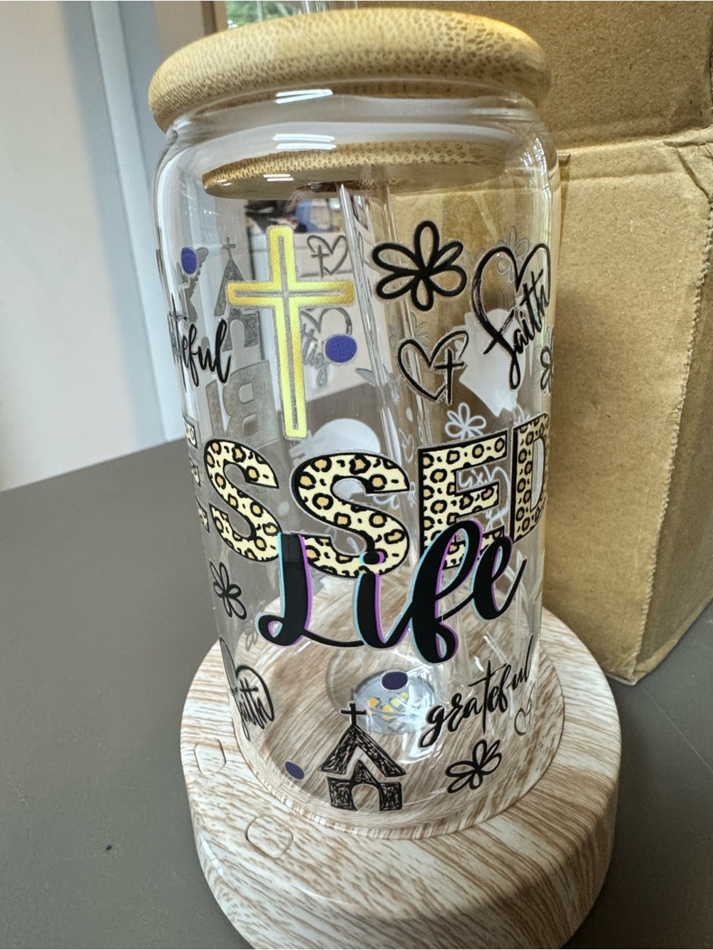 Clear Glass 'Blessed Life' Tumbler with Wood Lid - Neutral